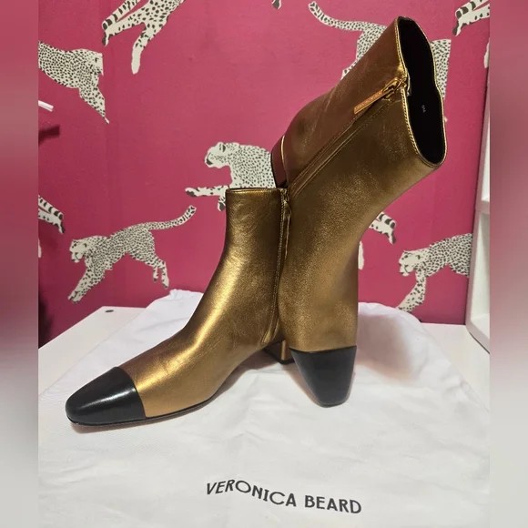 NWT Veronica Beard Cecile Cap Toe Gold Metallic Leather Ankle Boots Size 9M - Picture 2 of 9